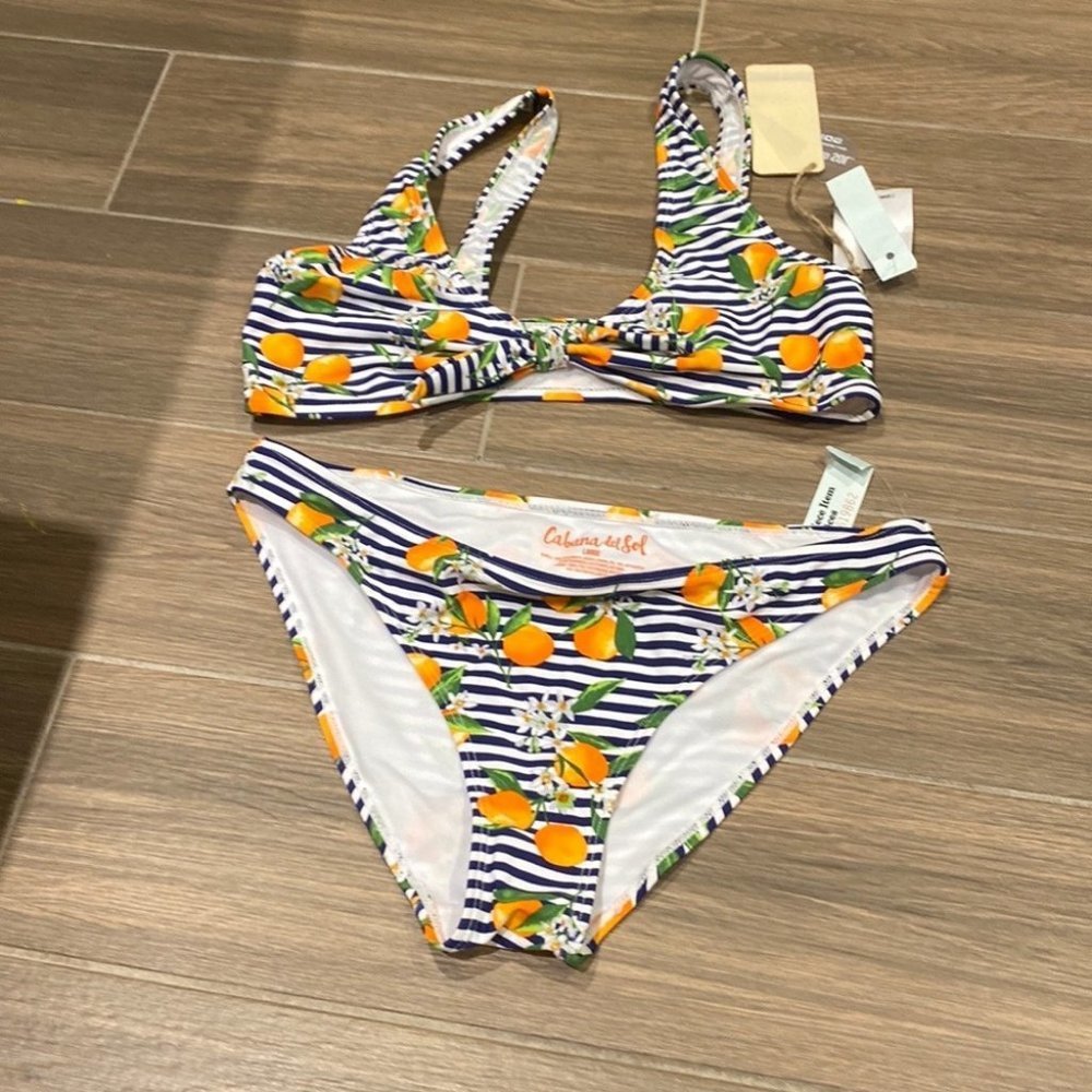 Cabana Del Sol Women Orange Print Stripes Blue Bathing Suit Bikini Size Large